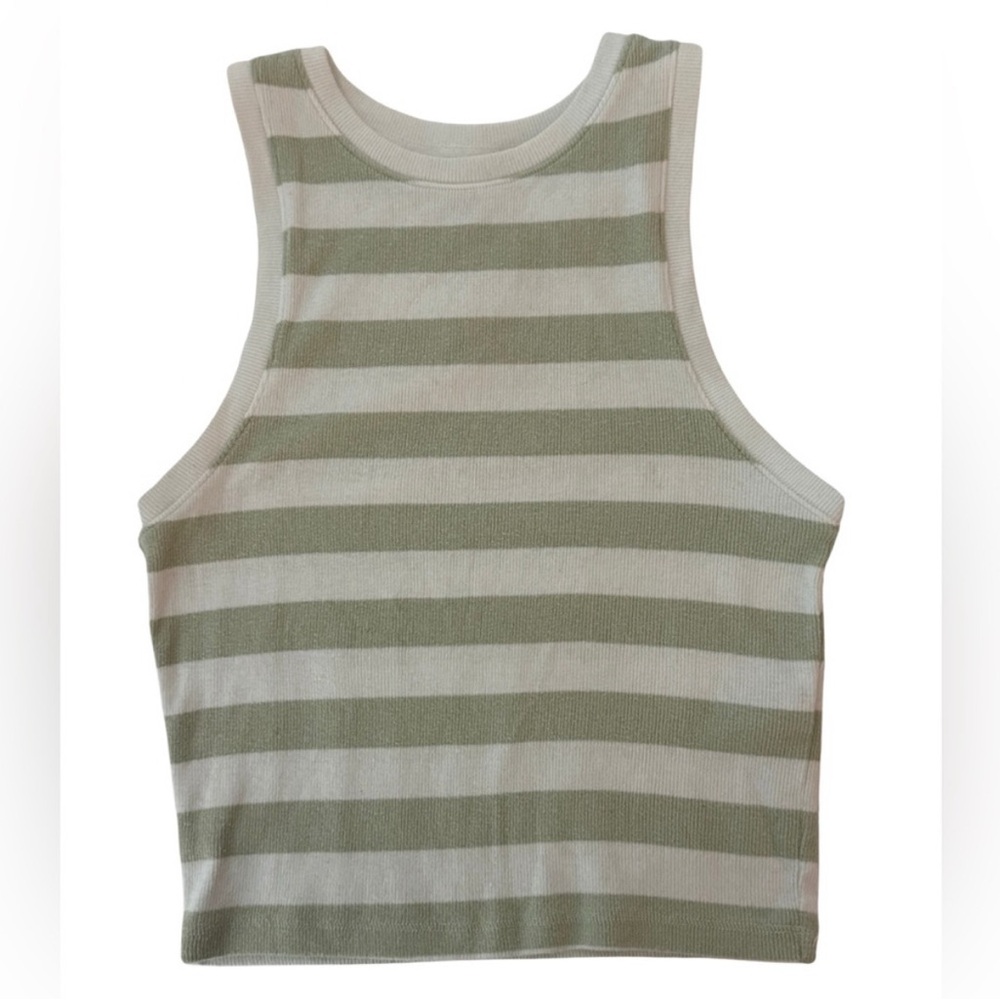 Hollister Green and White High-Neck Cropped Tank Top Size M